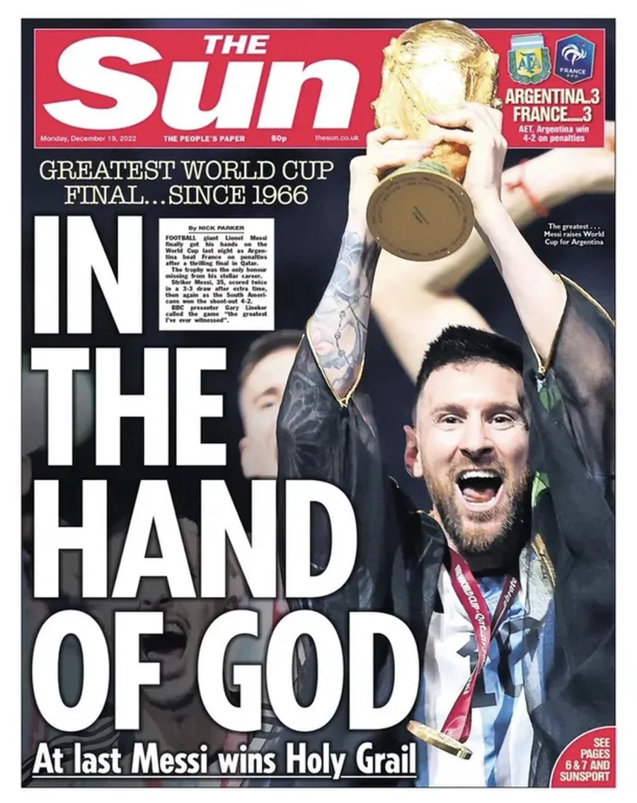 Die Titelseite der Sun nach dem Finale: „In the Hand of God“